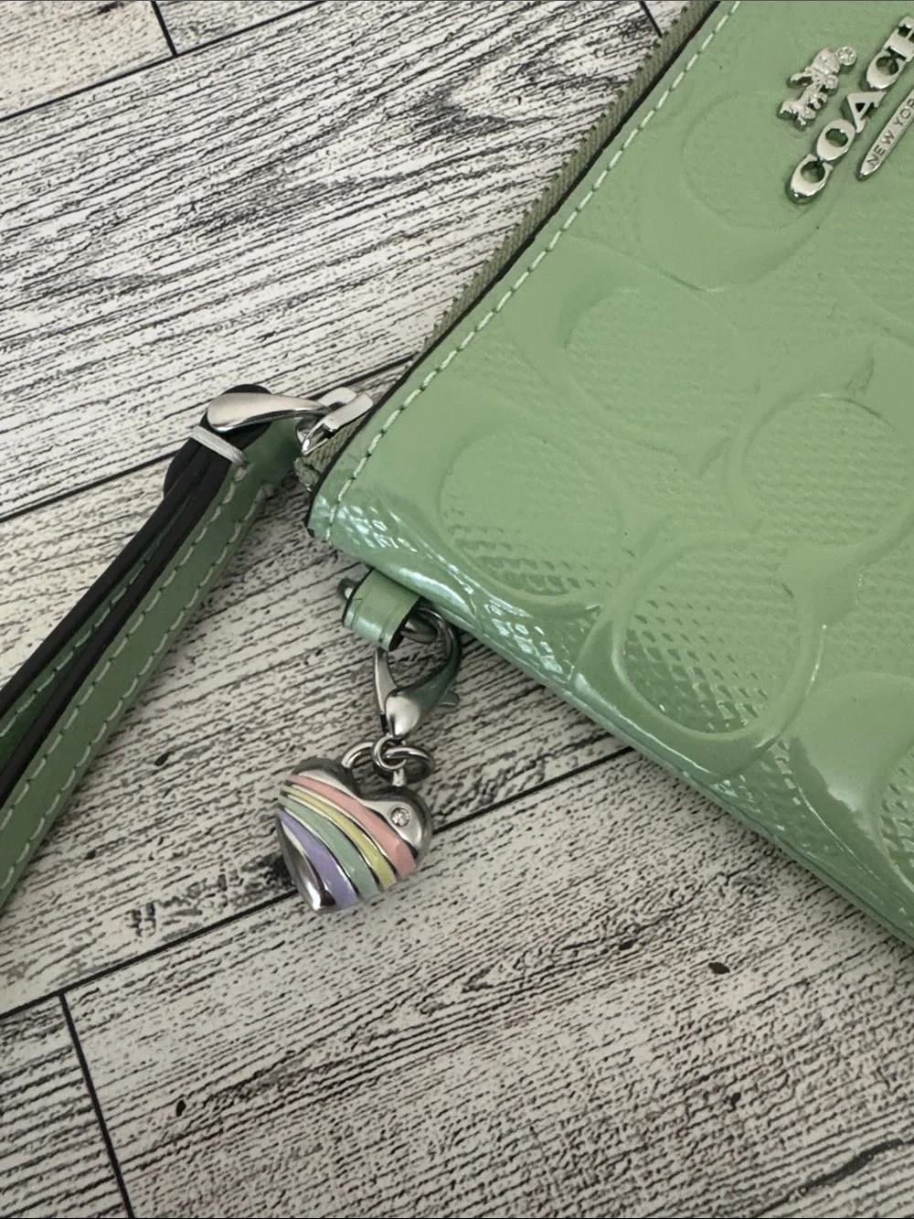 Coach Pale Green Patent Signature Zip Wristlet NWT